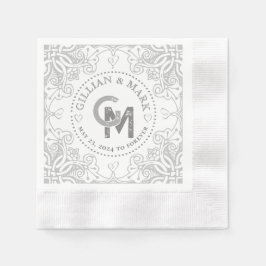 Monogrammad Silver Bröllop Napkins Heart Gräns Pappersservett