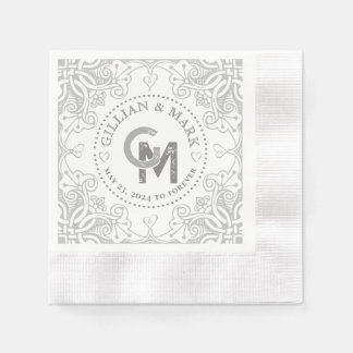 Monogrammad Silver Bröllop Napkins Heart Gräns Pappersservett