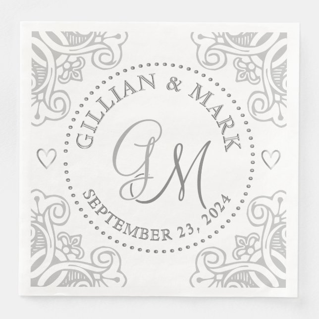 Monogrammad Silver Bröllop Napkins Heart Gräns Pappersservett (Framsida)