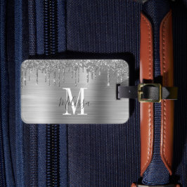 Monogrammad Silver Glitter Drip Brushed Metall Bagagebricka