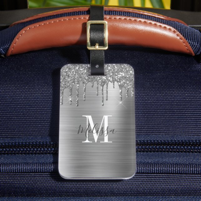 Monogrammad Silver Glitter Drip Metall Bagagebricka (Framsida Insitu 2)