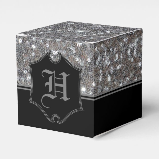 Monogrammad Silver Gnistra Faux Glitter Cube Presentaskar (Framsidan Sidan)
