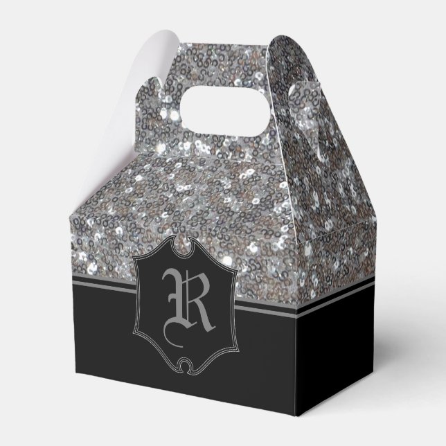 Monogrammad Silver Gnistra Faux Glitter Gable Presentaskar (Framsidan Sidan)