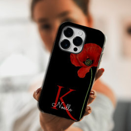 Monogrammad Single Red Poppy on Black