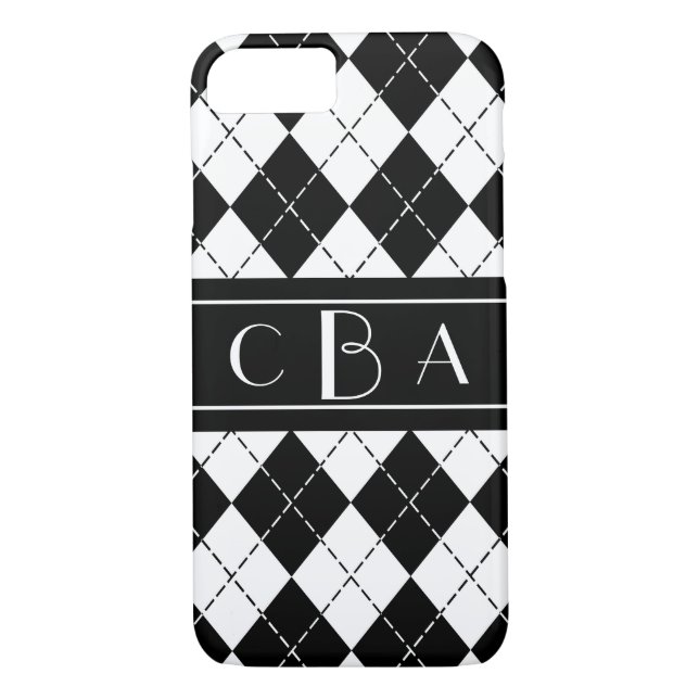 Monogrammad snyggt Black and White Argyle Case-Mate iPhone Skal (Baksida)