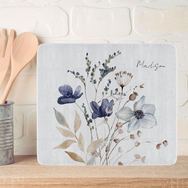 Monogrammad Söt Watercolor Blue Wildblomma (In situ)