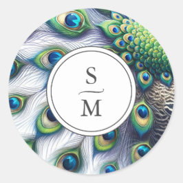 Monogrammad Sticker Watercolor Peacock Feathers Runt Klistermärke