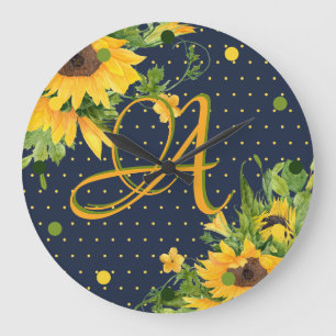 Monogrammad Sunblommor Navy Blue Gult Modern Stor Klocka