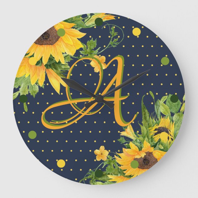 Monogrammad Sunblommor Navy Blue Gult Modern Stor Klocka (Framsida)