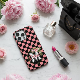Monogrammad svart och ROSA Checkated Flower