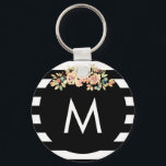 Monogrammad svart, stripe-Blommigt Nyckelring<br><div class="desc">Svartstrimlad Blommigt,  monogrammed nyckelkedja</div>