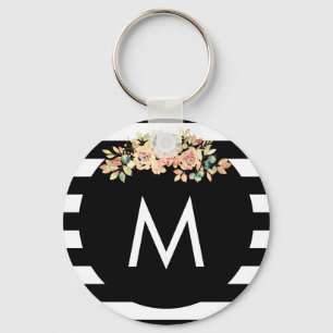Monogrammad svart, stripe-Blommigt Nyckelring