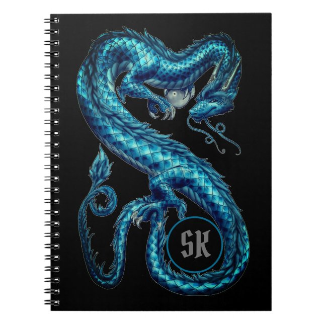 Monogrammad Teal Asian Dragon bärbar dator Anteckningsbok (Framsidan)