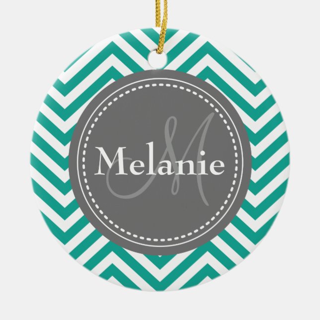 Monogrammad Teal Blue & Grått Zigzag Julgransprydnad Keramik (Framsidan)