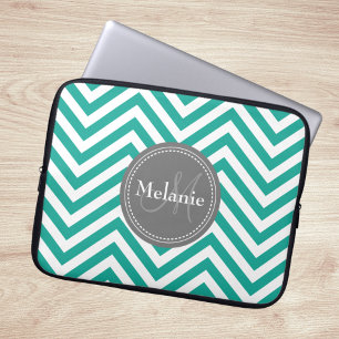 Monogrammad Teal Blue & Grått Zigzag Laptop Fodral