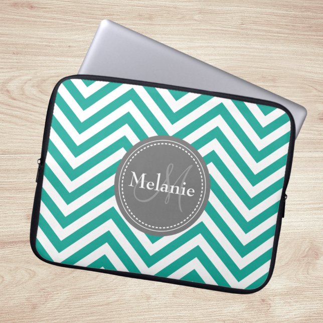 Monogrammad Teal Blue & Grått Zigzag Laptop Fodral (Skapare uppladdad)