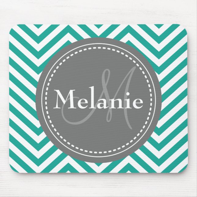 Monogrammad Teal Blue & Grått Zigzag Musmatta (Framsidan)