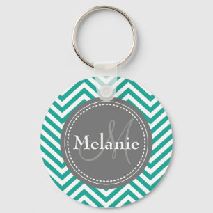 Monogrammad Teal Blue & Grått Zigzag Nyckelring