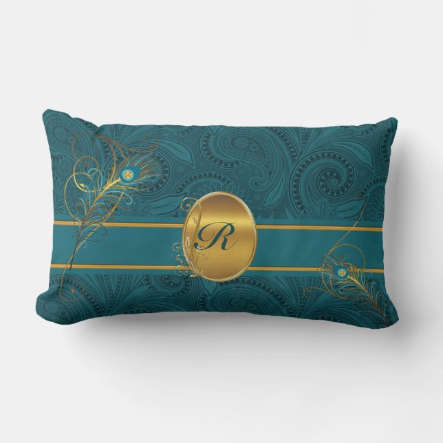 Monogrammad Teal Peacock med Guld 2-sidig Lumbarkudde (Framsida)