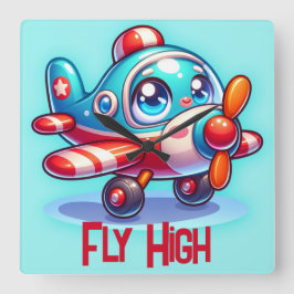 Monogrammad Tecknad flygplan blue | Fyrkantig Klocka