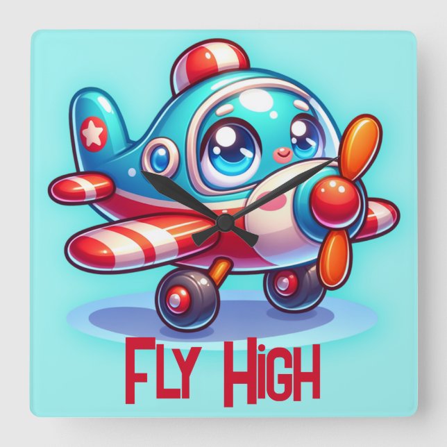 Monogrammad Tecknad flygplan blue | Fyrkantig Klocka (Framsida)