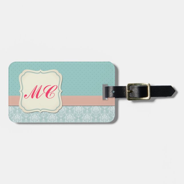 Monogrammad Tiffany Blue - Rosa Chic Damask Bagagebricka (Horisontell Framsida)