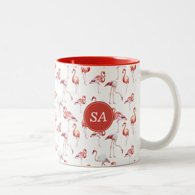 Monogrammad Tropical Rosa Flamingo Watercolor Två-Tonad Mugg (Höger)