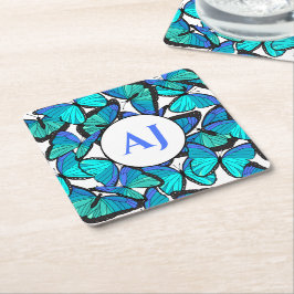 Monogrammad utskrift av Tropical Blue Butterfly Underlägg Papper Kvadrat