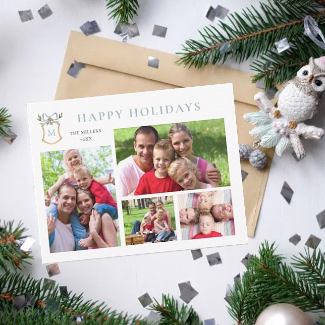 Monogrammad Vapensköld Blue 4 Photo Helgdag Julkort (Skapare uppladdad)