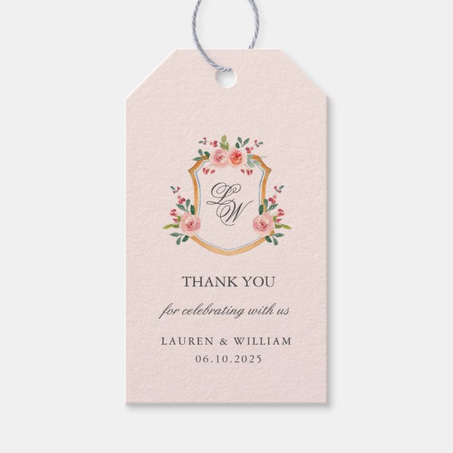 Monogrammad Vapensköld med blommor bröllop Presentetikett (Framsidan)