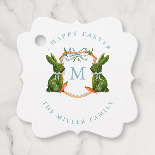 Monogrammad Vapensköld Topiary Bunny Påsk Gåvor Etiketter (Framsida)