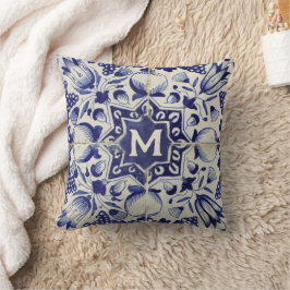 Monogrammad vintage Geometric Blue White Tile Kudde