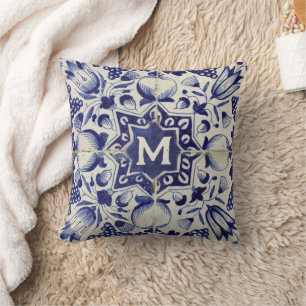 Monogrammad vintage Geometric Blue White Tile Kudde