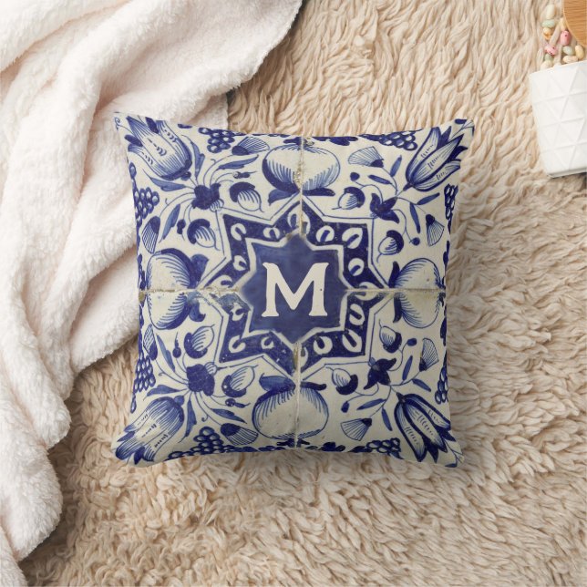 Monogrammad vintage Geometric Blue White Tile Kudde (Filt)