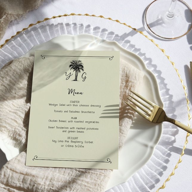Monogrammad Vintage Handflatan Träd Bröllop Meny (5x7 Wedding Menu - from my Vintage Palm Wedding Collection)