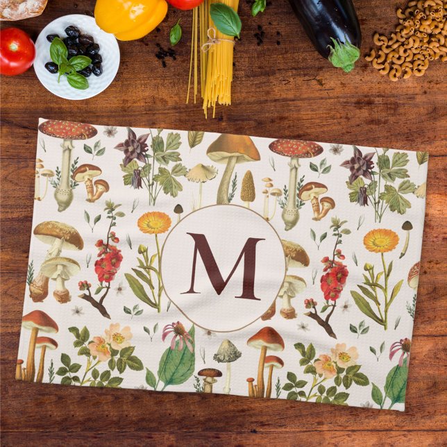 Monogrammad Vintage Mushroom Wildblomma Mönster Kökshandduk (In situ Kitchen table)