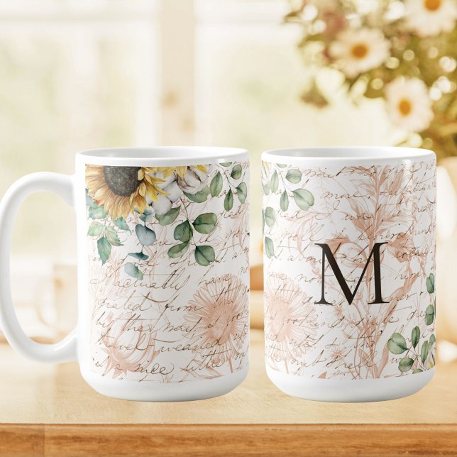 Monogrammad Vintage Rustic Solros Decoupage Kaffemugg (In situ kitchen table)