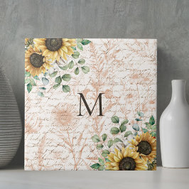 Monogrammad Vintage Rustic Solros Decoupage Kakelplatta