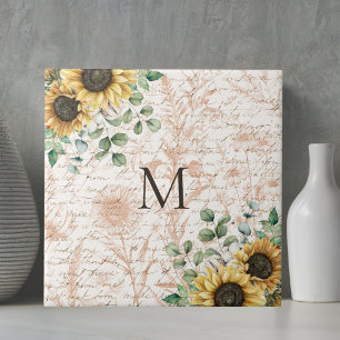 Monogrammad Vintage Rustic Solros Decoupage Kakelplatta