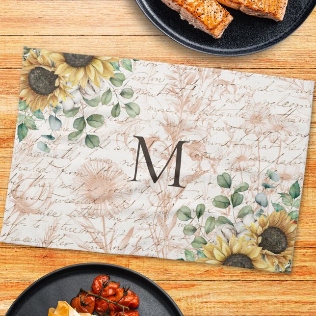 Monogrammad Vintage Rustic Solros Decoupage Kökshandduk (In situ on kitchen table)