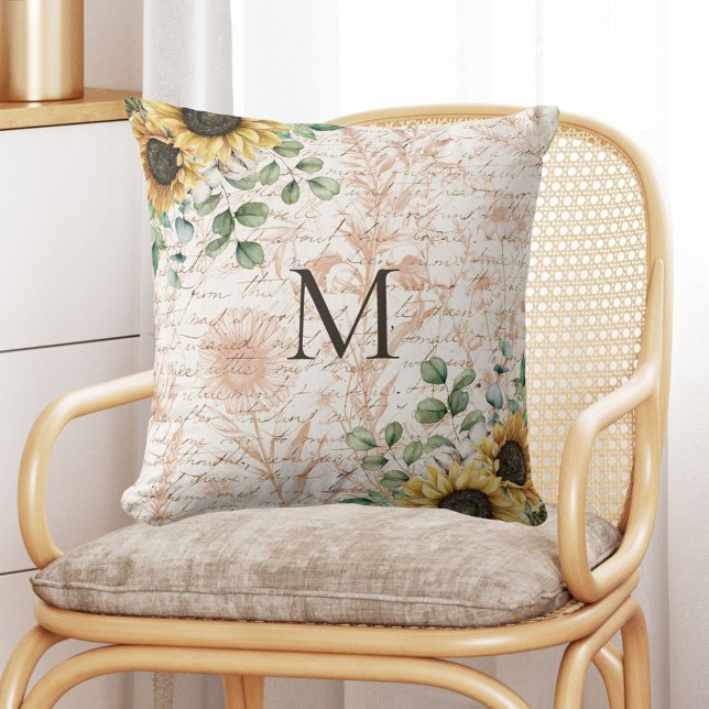 Monogrammad Vintage Rustic Solros Decoupage Kudde (In situ on chair)