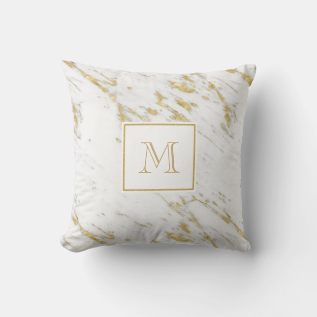 Monogrammad vit marmor med Guld Glitter Kudde (Framsida)