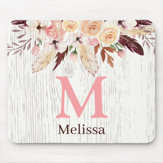 Monogrammad Watercolor-Blommigt på Rustic White Wo Musmatta (Framsidan)