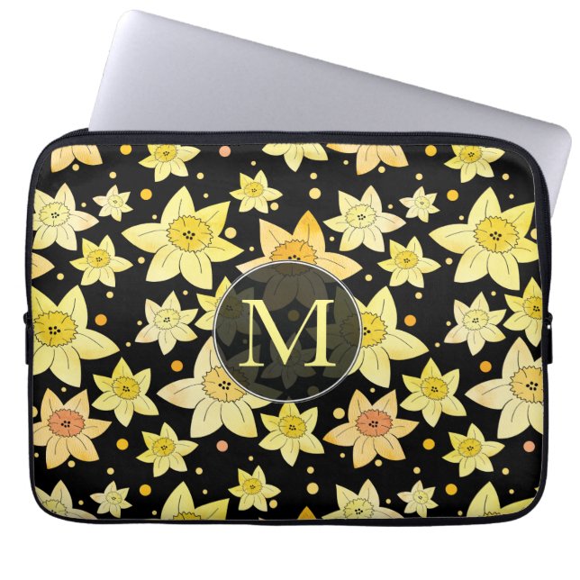 Monogrammad Watercolor Daffodil Mönster Laptop Fodral (Framsidan)