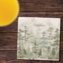 Monogrammad Watercolor Grönt Gräs Forest Mountain Stenunderlägg