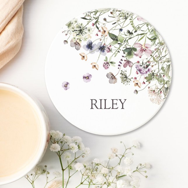 Monogrammad Watercolor Lila Wildblommor Underlägg (In situ)