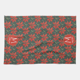 Monogrammad Watercolor Poinsettia Mönster Kökshandduk
