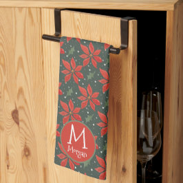 Monogrammad Watercolor Poinsettia Mönster Kökshandduk