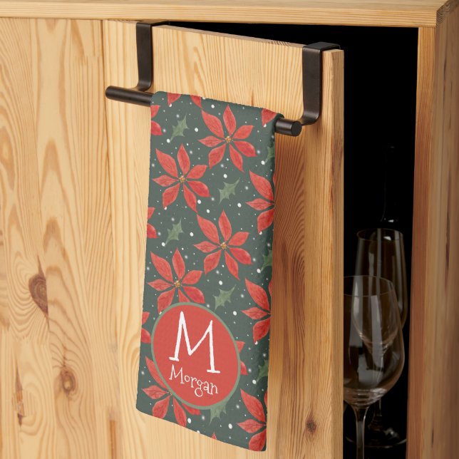 Monogrammad Watercolor Poinsettia Mönster Kökshandduk (Thirds Fold)