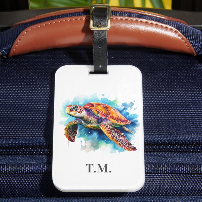 Monogrammad Watercolor Turtle Bagagebricka (Framsida Insitu 2)